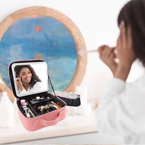SLUMAZI Travel Makeup Bag with LED Mirror Travel Makeup Organizer with 3 Lighted Settings, Adjustable Dividers and Makeup Brush Storage Bag Pink
