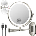 vpu 9" Wall Mounted Makeup Mirror with Light, 20X/1X Height Adjustable Double Sided Magnifying Bathroom Lighted Mirror, 3 Color Touch Dimmable Extended Arm 360 Rotation Light up Magnification Mirrors