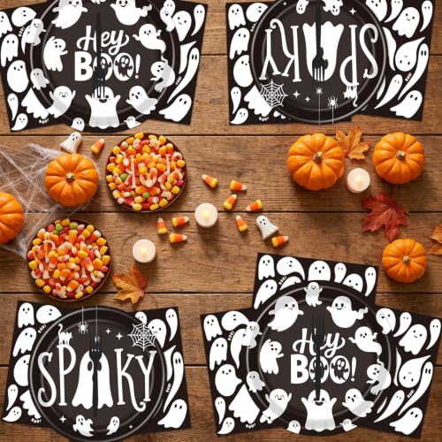 Halloween Ghost Party Decorations - 96 Pcs Black Spooky Tableware Set - Variation of Black Spooky