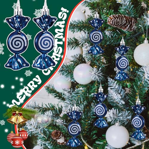Dark Blue Glitter Candy Cane Christmas Ornaments Set - 12 Pcs Holiday Decor