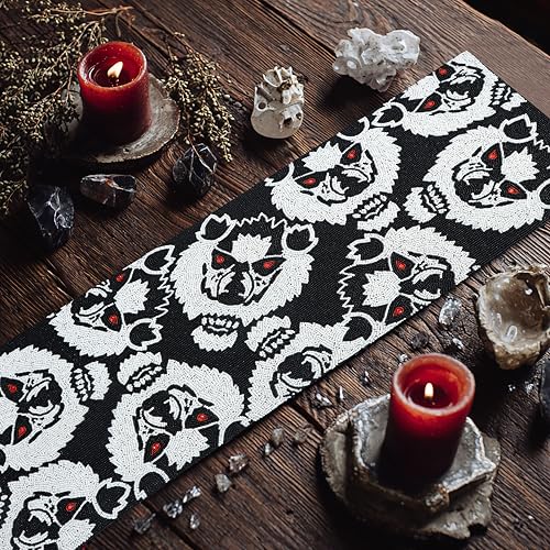Halloween Beaded Table Runner - Black White Werewolves, 13x36 - Handmade Decor