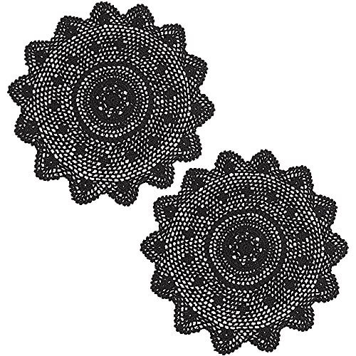 Black Crochet Doilies Set of 2 - 15 Inch Round Cotton Lace Coasters for Home Decor