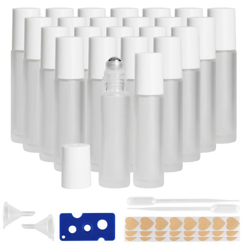 AGZHTYJQ 10ML Glass Essential Oil Roller Bottles,24 Pack Clear Frosted Oil Roller Bottles for Essential Oils, refillable rollerball bottle(24 Labels, Opener, Funnel, Dropper Included)