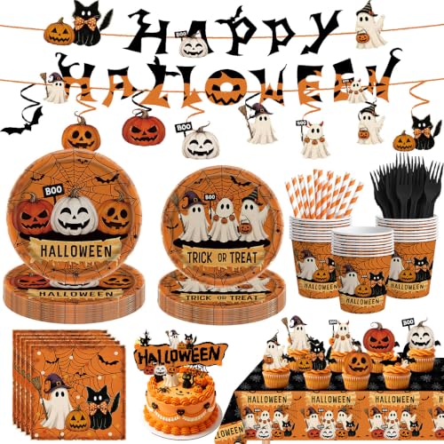 Halloween Party Supplies Dinnerware Set - Plates Cups Napkins & Cutlery for 20 Guests - Halloween Plate Variation