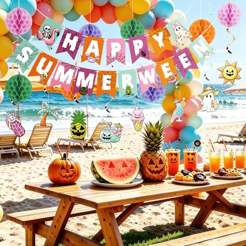 Summer Halloween Party Decorations Set - Banner, Swirls & Honeycomb Balls