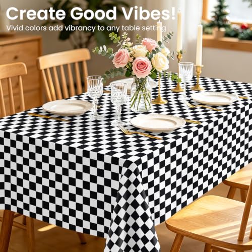 White and Black Checkered Disposable Plastic Tablecloths - 2 Pack, Waterproof, 54 x 108 inches, Rectangular for Parties