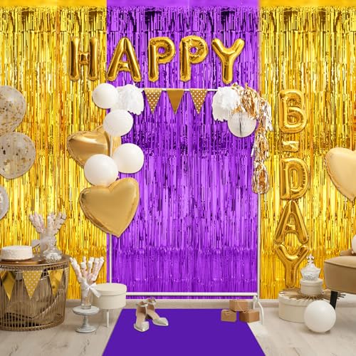 Purple and Gold Carpet Runner Aisle 2.6 x 30 Feet with Carpet Tape & Tassel Curtains