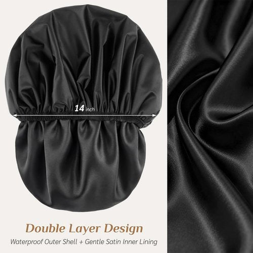 Extra Large Waterproof Shower Cap for Women, Double Layer Satin Lined Hair Bonnet for Curly Hair, Reusable Bath Cap with Elastic Edge for Long Thick Hair (Black)