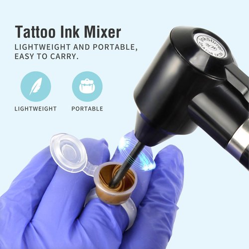 Tattoo Ink Mixer Machine Set - 100Pcs Yugui Ink Mixing Sticks and 100Pcs Tattoo Ink Cups Pigment Mixer Agitator Sticks Black Electric Color Tattoo Mixer Machine for Makeup Eyebrow Color