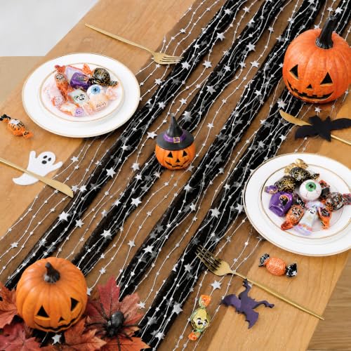Halloween Black Silver Foil Star Table Runner 29x120 Inch 3 Pack - Mesh, Elegant Decor