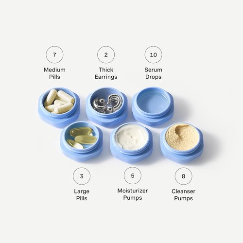 Cadence Travel Containers Basic Skincare Set | Magnetic Lids for Carry-On Essentials - 3 Small Capsules (0.56oz) - Cleanser, Moisturizer & Sun-Icon Labels - Pacific