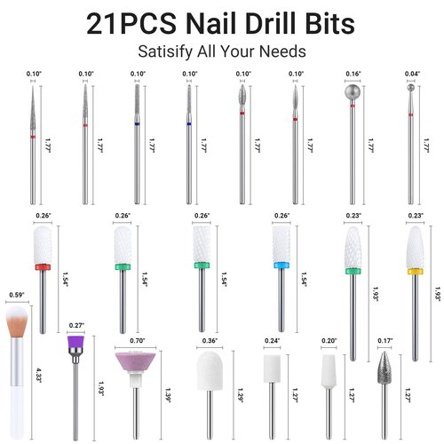MelodySusie 21pcs Nail Drill Bit Set, Professional 3/32'' Ceramic Diamond Carbide Acrylic Gel Nail Art Tool Kit, Cuticle Remover Bit for Acrylic Gel Dip Powder, Nail Manicure Pedicure, Salon Home