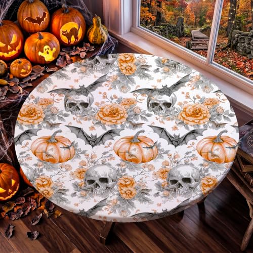 Halloween Fitted Round Tablecloth for 46-50 Inch Tables - Pumpkin Head Design, 52 Inch