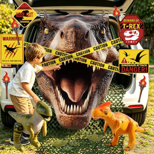 Halloween Dinosaur Trunk or Treat Car Decorations Set - 17 Pcs with Inflatable Dinosaurs & Warning Tape