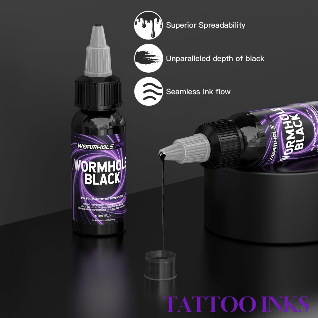 WORMHOLEPRO Black Tattoo Ink, Premium Long Lasting Vivid Color Tattoo Ink, Vegan Friendly Pigment Tattoo Supplies for Tattooist (1 oz Bottle)