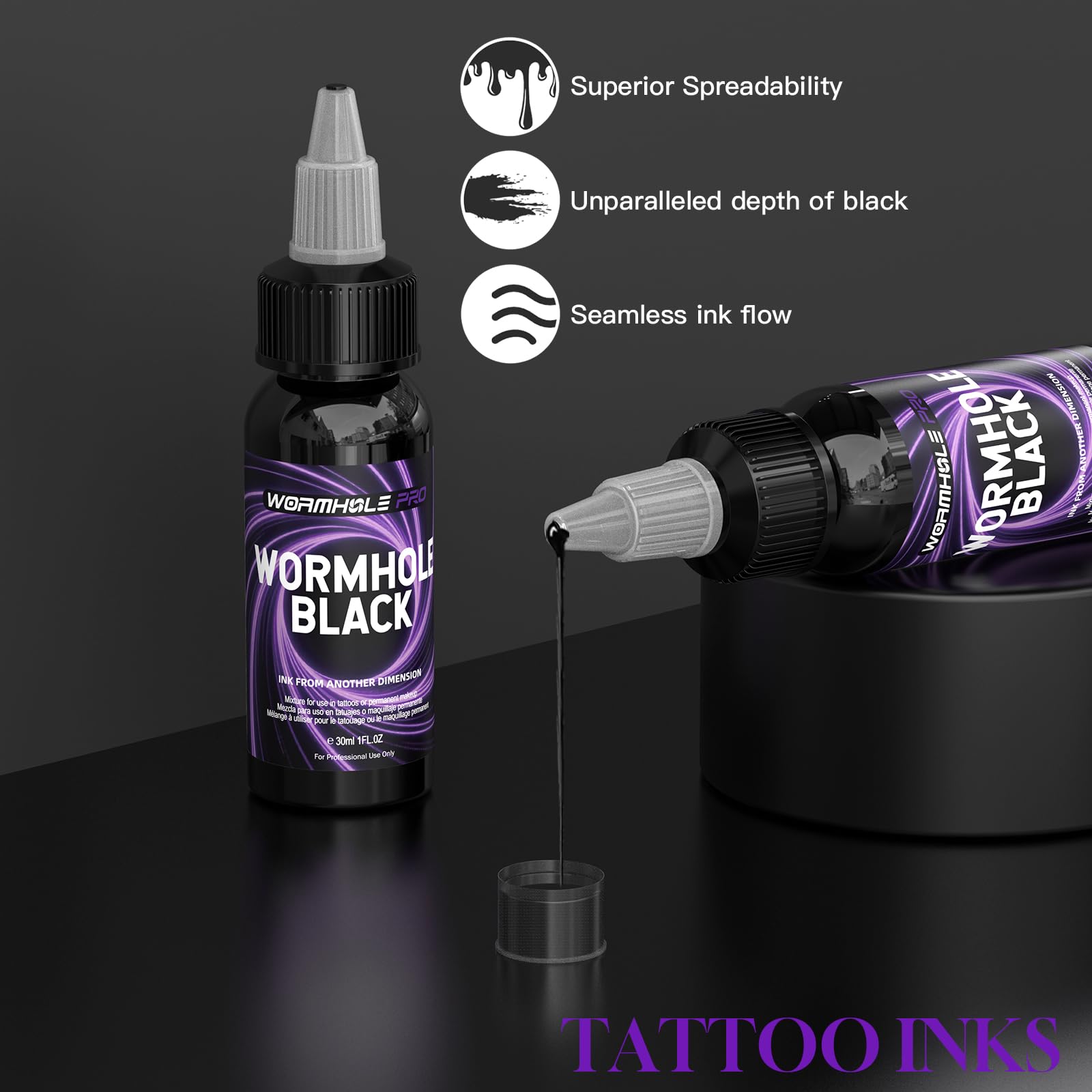 WORMHOLEPRO Black Tattoo Ink, Premium Long Lasting Vivid Color Tattoo Ink, Vegan Friendly Pigment Tattoo Supplies for Tattooist (1 oz Bottle)