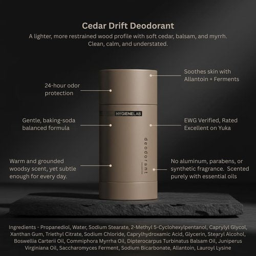 HygieneLab Men's Deodorant - Aluminum-Free, EWG Verified, Non-Toxic Cedar Drift Scent for Sensitive Skin