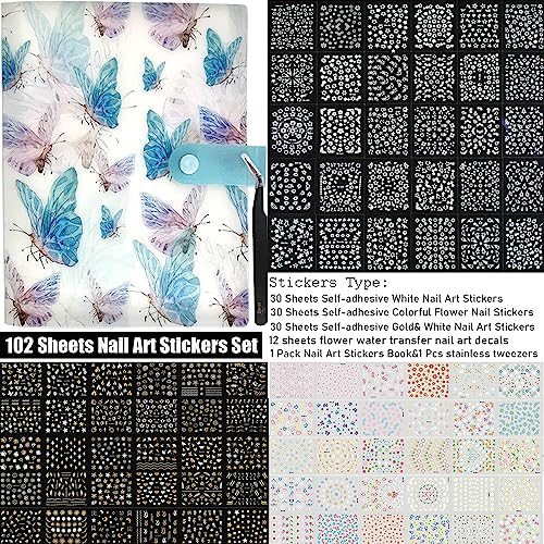 102 Sheets Nail Art Stickers & Storage Book Set - 5200+ Designs, 3D Rhinestones, Floral & Gold Decals for DIY Manicure