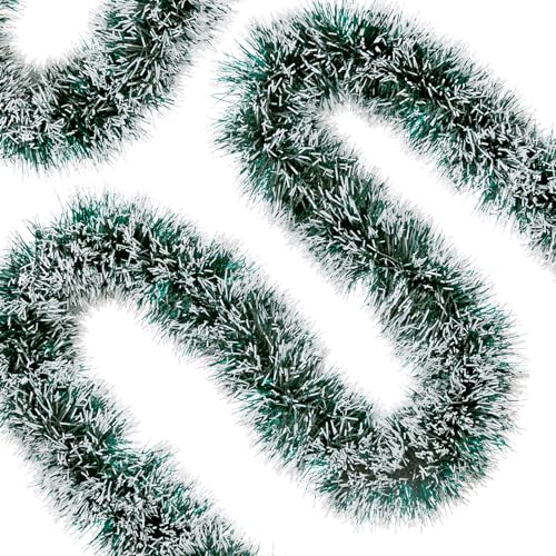 Dark Green 50FT Christmas Tinsel Garland Snow Flocked Artificial Greenery for Holiday Decor