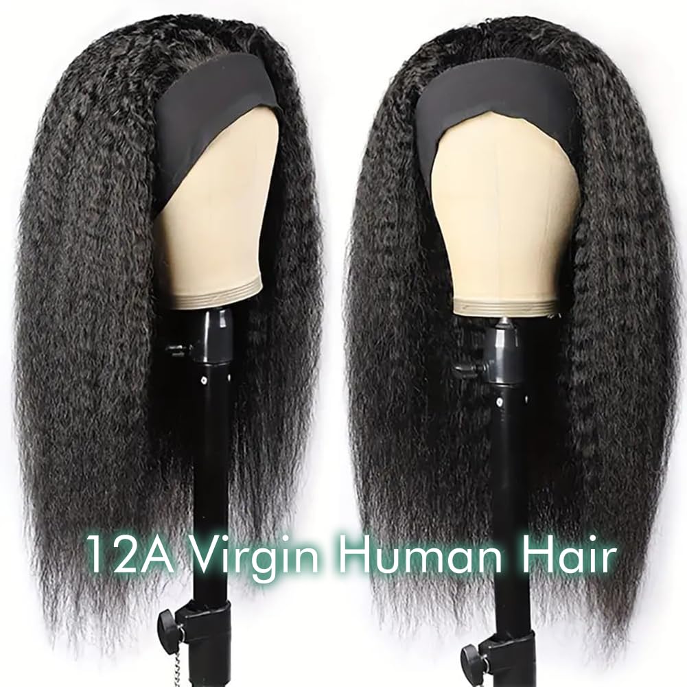 Zealady Kinky Straight Human Hair Headband Wig - 12A, 180 Density, Yaki Straight, Glueless, Half Wig for Black Women - 12 inch