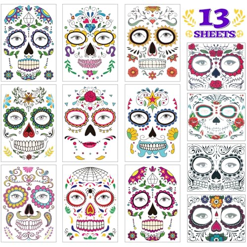 Halloween Temporary Face Tattoos Kit - 13 Pack Sugar Skull & Skeleton Designs