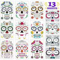 Halloween Temporary Face Tattoos Kit - 13 Pack Sugar Skull & Skeleton Designs