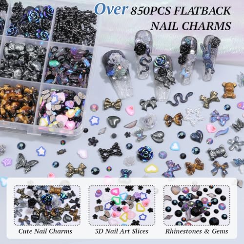 3D Butterfly Rose Flower Bow Rabbit Nail Charms Kit Black Variation