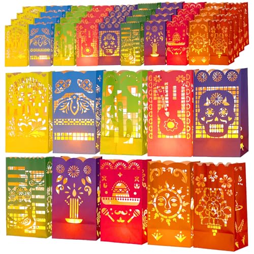 50 Pack Dia de Los Muertos Luminary Bags for Halloween Party Decorations