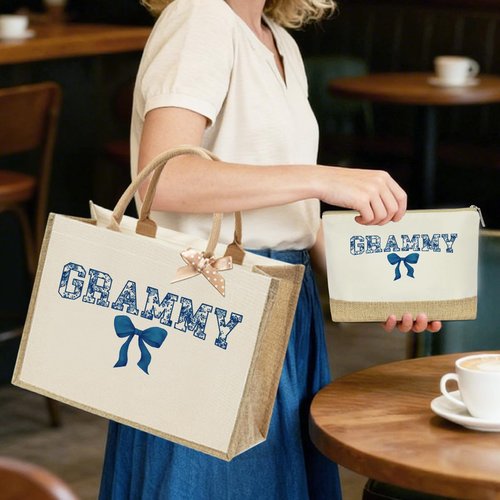 Grammy Gifts, Grammy Birthday Gifts, Grammies Tote Bag, Gift for Women Grammies Grandma, Christmas Retirement Gift from Granddaughter Grandson, Reusable Blue Bow Floral Tote Bag and Makeup Bags