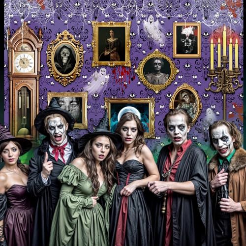 Halloween Haunted House Backdrop 7x5FT Purple Spooky Ghost & Spider Wall Decor - Digital Photo Background