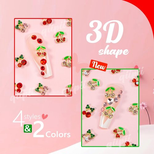 qiipii 52Pcs 4 Styles 3D Cherry Nail Charms Red Pink Cherries Nail Art Rhinestones Shiny Gems Studs Cute Fruit Diamonds Crystals Luxury Jewelry Supplies for Nails Face Makeup Women DIY Crafts Phones