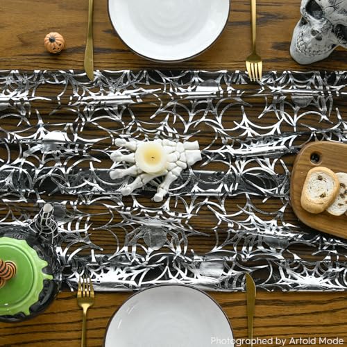 Black Silver Spider Web Gauze Table Runner 28x120 Inch Halloween Decor