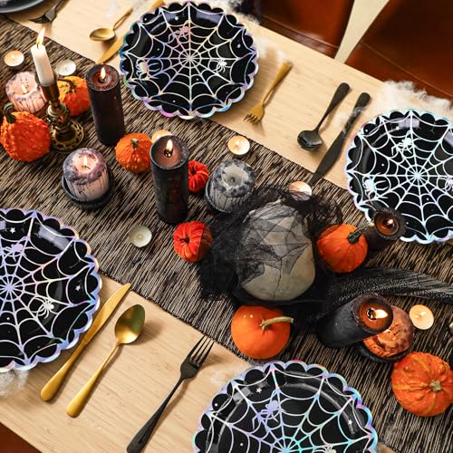 Halloween Spider Web Dinner Plates - 50 Pack Iridescent 9 Inch Disposable Party Tableware - Black Silver Laser Effect - Spider Web Variation