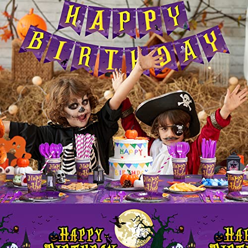 Halloween Birthday Party Supplies Set for 24 Guests - Tablecloths, Banner, Cutlery