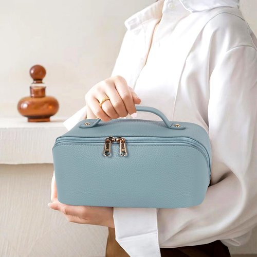 Large Capacity Cosmetic Bag, Travel Cosmetic Storage Bag with Handle, Portable Zipper Cosmetic Bag Toiletry Bag Makeup Bag Large with Compartments for Women Girls (Blue)