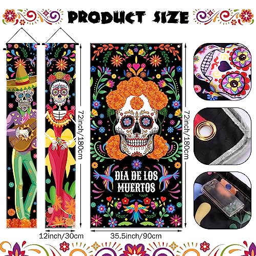 Preboun Day of the Dead Door Banner Set with LED Lights - Sugar Skull & Marigold Decor