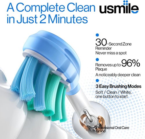 Usmile P10S Sonic Electric Toothbrush - 3 Cleaning Modes, 180-Day Battery, Sensitive Gum-Care Head, 2 Brush Heads (White)