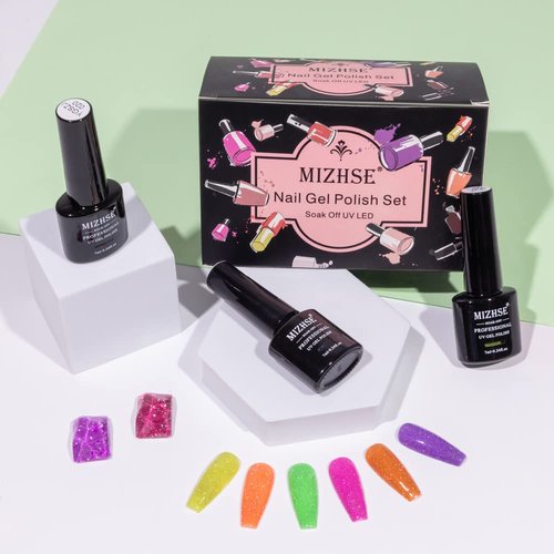 MIZHSE Neon Reflective Glitter Gel Polish 7ml, Sparkly Disco Diamond Nail Polish Kit 12 Pcs, Reflect Blue Pink Soak Off UV LED Manicure Set Nail Art Salon