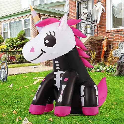 Halloween Inflatable Skeleton Unicorn Decor with LED Lights - 4Ft Pink Yard Decoration