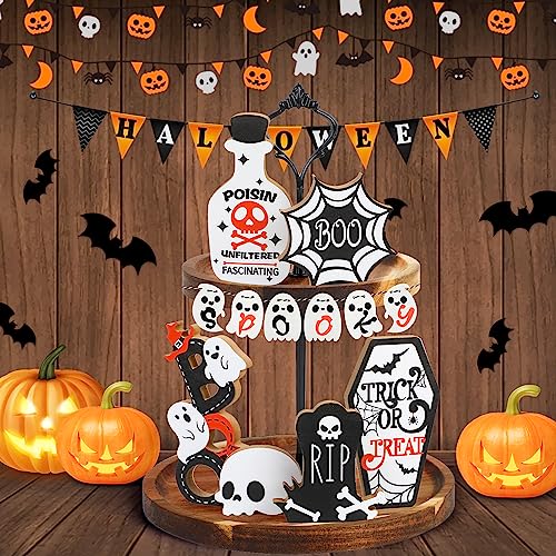 Halloween Wooden Sign Set for Tiered Tray Decorations - Rustic Farmhouse Style, 12 Pieces