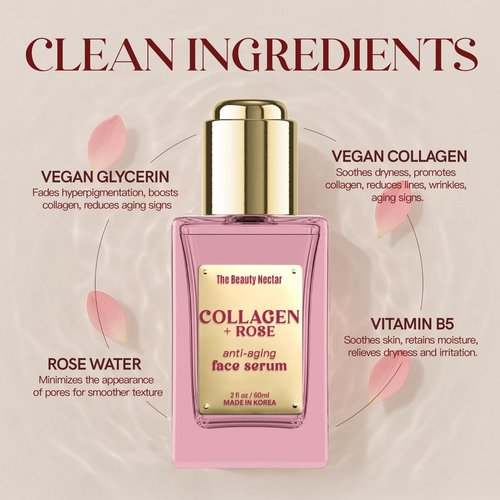 The Beauty Nectar Collagen Face Serum with Rose – Firms Skin, Boosts Hydration, Soothes Dryness – Dermatologist Tested, Anti-Aging, Korean Skin Care – Clean Vegan Formula for Sensitive Skin – 2 Fl Oz
