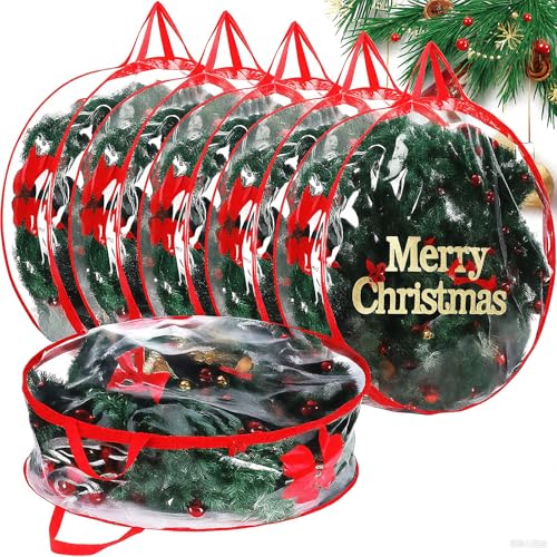 Christmas Wreath Storage Bags - 30 Inch Clear & Red, 6 Pieces with Dual Zippers & Handles