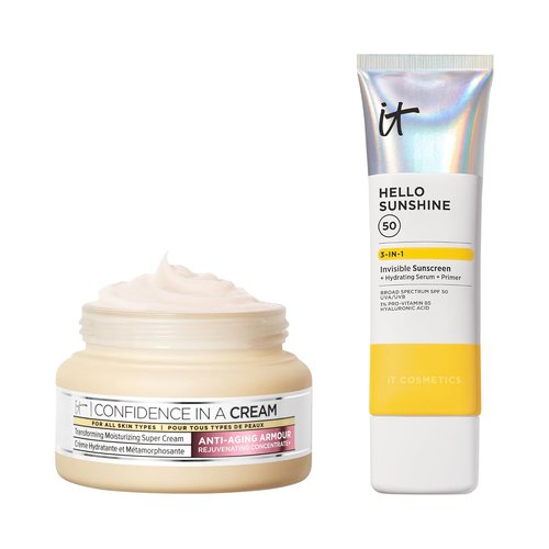 IT Cosmetics Confidence in a Cream & Hello Sunshine SPF 50 Bundle - Anti-Aging Face Moisturizer & Invisible Sunscreen (2 fl oz + 2.7 fl oz)