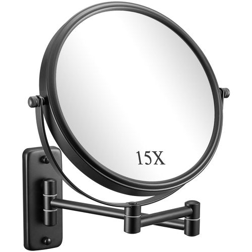 DECLUTTR 1X/15X Wall Mounted Makeup Mirror, 8" Double Sided Vanity Magnifying Mirror, 360° Swivel Extendable Bathroom Make Up Mirror, Black