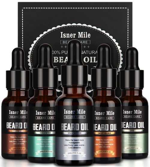 ISNER MILE Beard Oil Kit - 5 Pack with Sandalwood, Orange, Cedarwood & Sage | Perfect Gift for Men