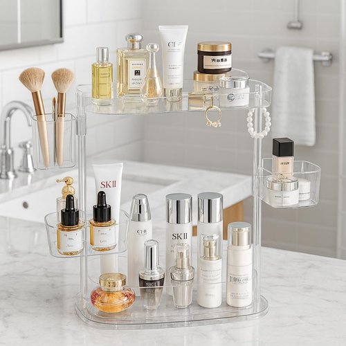 ACRYDECOR Clear Acrylic Makeup Organizer, Multi-Tier Cosmetic Storage Rack with Side Containers, Large Capacity Skincare Holder for Bathroom Counter, Vanity & Desk