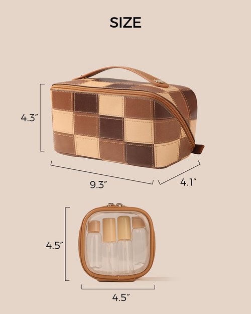 Lucatherine Travel Makeup Bag Organizer with TSA Approved Clear Pouch, Large Capacity Cosmetic Case with 180° Wide Open Design, Portable Toiletry Bag with Dividers for Brushes & Toiletries