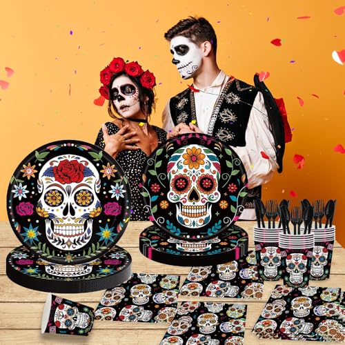 140-Piece Day of the Dead Party Supplies Set for 20 Guests - Sugar Skull Plates Napkins Cups Cutlery