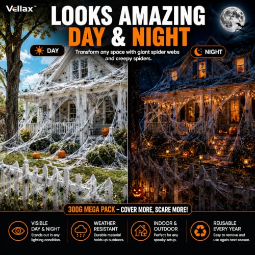 Vellax Halloween Spider Web Decorations 300g with 60 Spiders - Indoor & Outdoor Spooky Decor