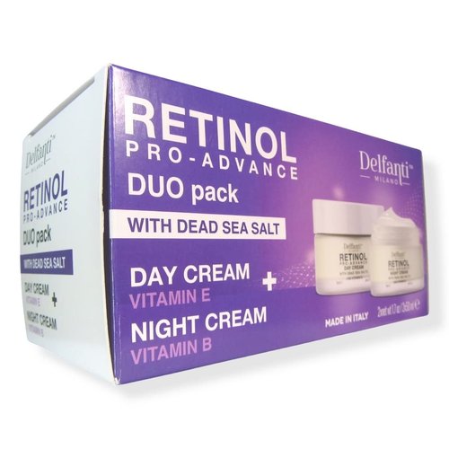 Delfanti-Milano • RETINOL PRO-ADVANCE • Anti-Aging DUO pack • Day + Night Creams • Face and Neck Moisturizers with Dead Sea Minerals and Vitamins E and B • Made in Italy